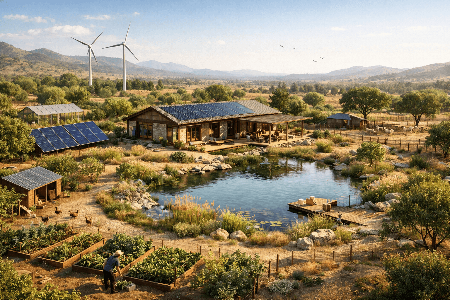 Render realista de finca autosostenible con vivienda, lago, huerto y energía solar