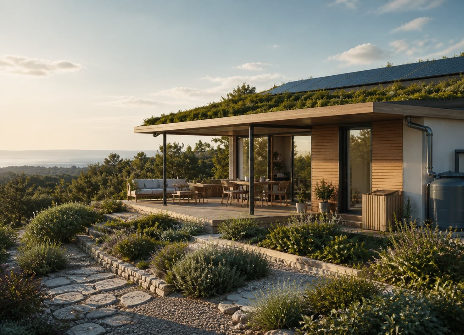 Vista conceptual de una vivienda bioclimática vinculada al paisaje mediterráneo.